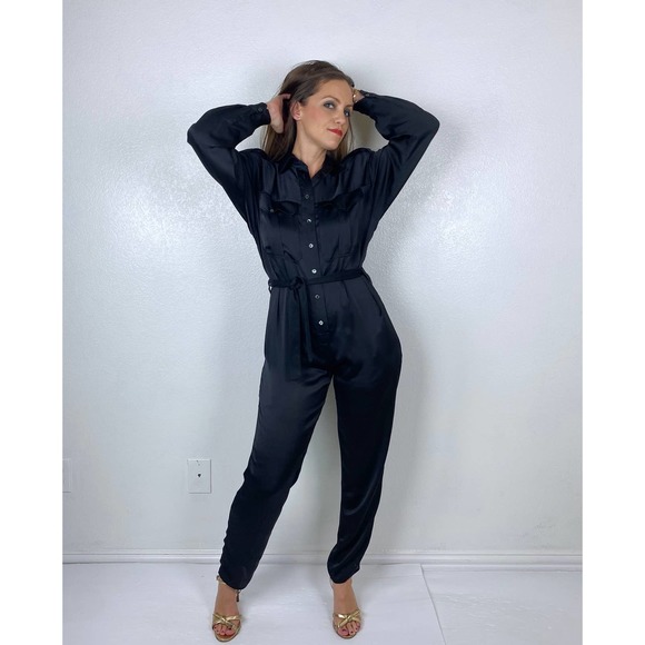 vintage 90s BLACK Liz Claiborne BELTED JUMPSUIT M/L utility military pantsuit - Picture 8 of 10